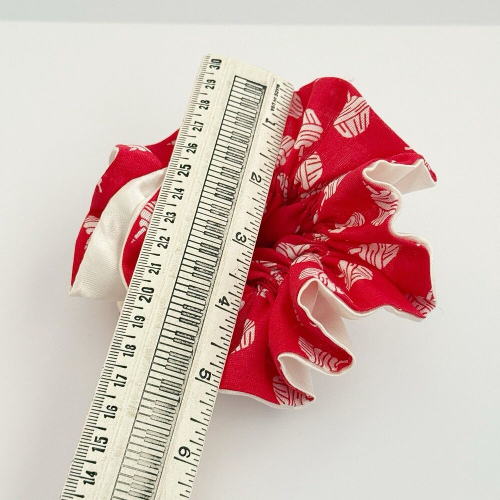 Handmade Red & Cream Scrunchie Hair Tie Ruffled Elastic Ponytail Holder - Picture 4 of 13